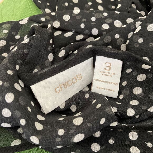 CHICO'S women 3 -XL black white Polka Dot sheer tie front poly blouse button up - Picture 5 of 13